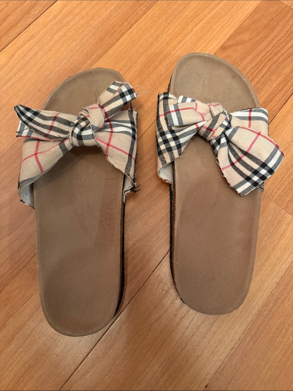 Source Unknown Beige Plaid Bow Slide Sandals
